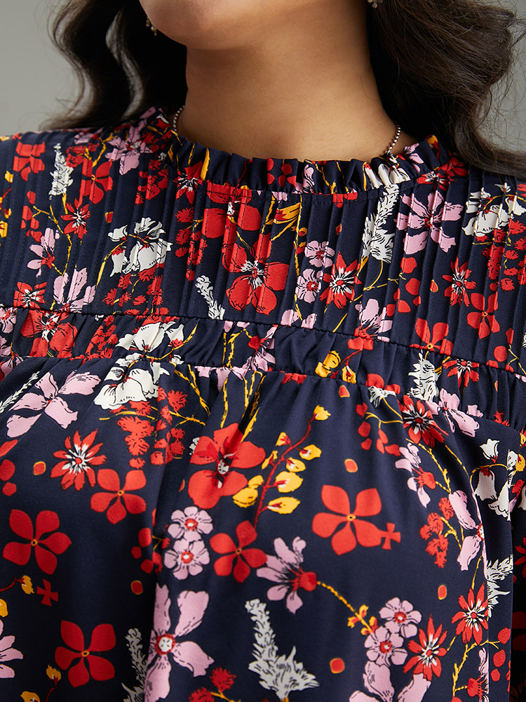 Plus Size Multicolor Floral Print Frill Trim Cut Out Blouse Women Elegant Elbow-length sleeve Round Neck Everyday Blouses BloomChic 14-16/1X 