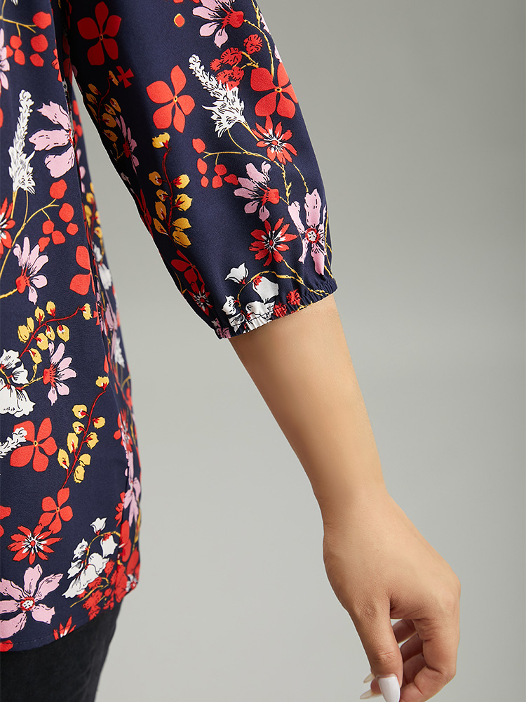 Plus Size Multicolor Floral Print Frill Trim Cut Out Blouse Women Elegant Elbow-length sleeve Round Neck Everyday Blouses BloomChic 14-16/1X 
