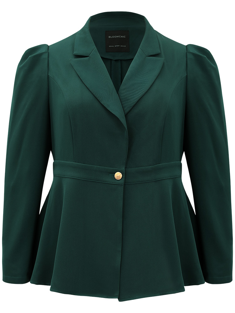 

Plus Size Button Fly Waistline Inside Blazer DarkGreen Women Work Plain Gathered Sleeve Long Sleeve Suit Collar  At the Office Blazers BloomChic