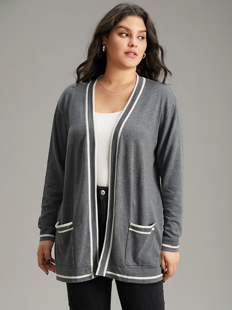 

Plus Size Supersoft Essentials Striped Patchwork Pocket Open Front Cardigan Gray Women Casual Loose Long Sleeve Everyday Cardigans BloomChic