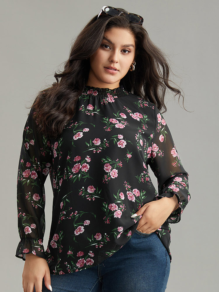 

Plus Size Black Chiffon Floral Frill Trim Mesh Patchwork Blouse Women Elegant Long Sleeve Round Neck Dailywear Blouses BloomChic