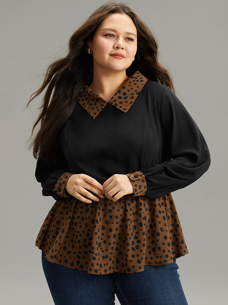 

Plus Size Black Leopard Patchwork Elastic Waist Blouse Women Elegant Long Sleeve Lapel Collar Dailywear Blouses BloomChic