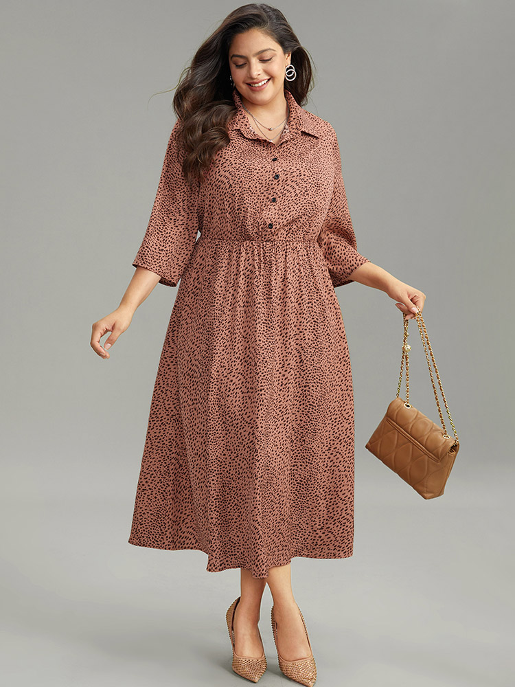 

Plus Size Leopard Pocket Button Up Elastic Waist Dress Rust Women Office Printed Shirt collar Elbow-length sleeve Curvy Midi Dress BloomChic