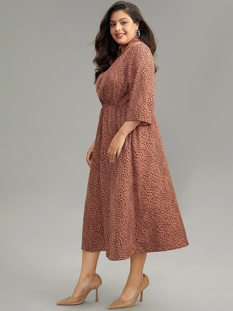 

Plus Size Leopard Pocket Button Up Elastic Waist Dress Rust Women Office Printed Shirt collar Elbow-length sleeve Curvy Midi Dress BloomChic