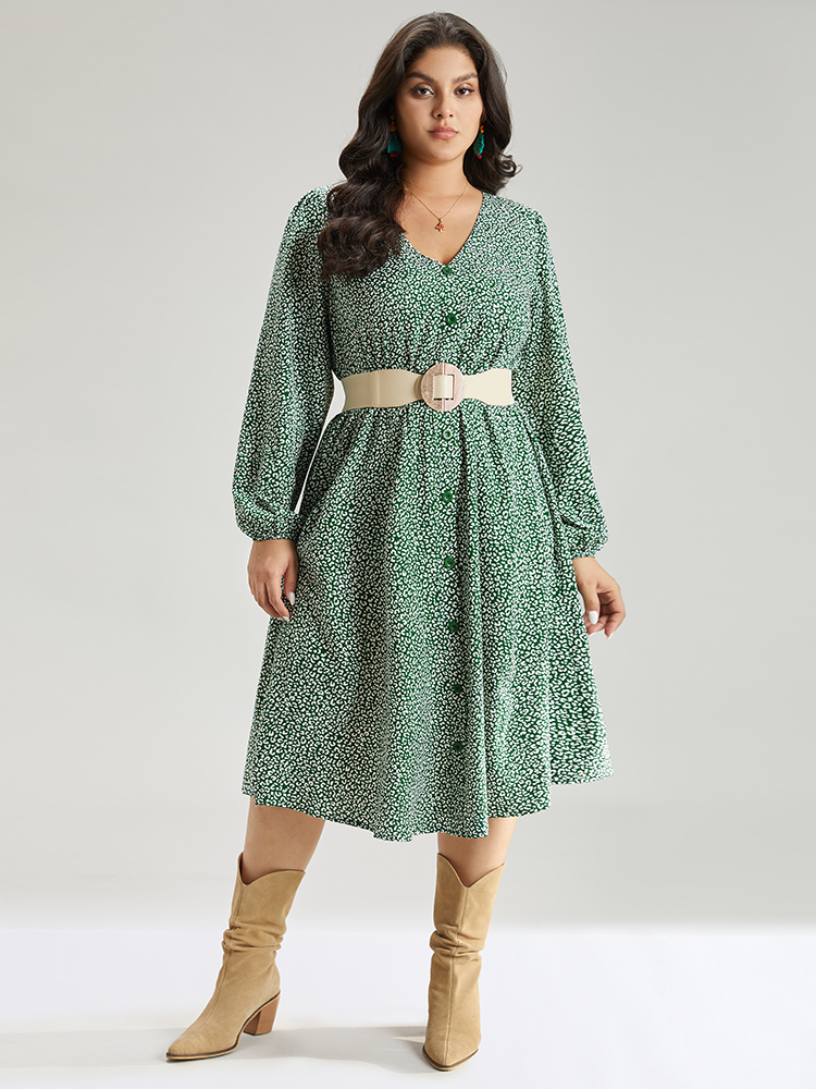 

Plus Size Leopard Print Elastic Cuffs Button Detail Dress Green Women Elegant Elastic cuffs V-neck Long Sleeve Curvy Midi Dress BloomChic