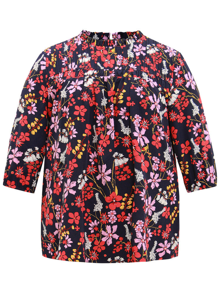 Plus Size Multicolor Floral Print Frill Trim Cut Out Blouse Women Elegant Elbow-length sleeve Round Neck Everyday Blouses BloomChic 14-16/1X 
