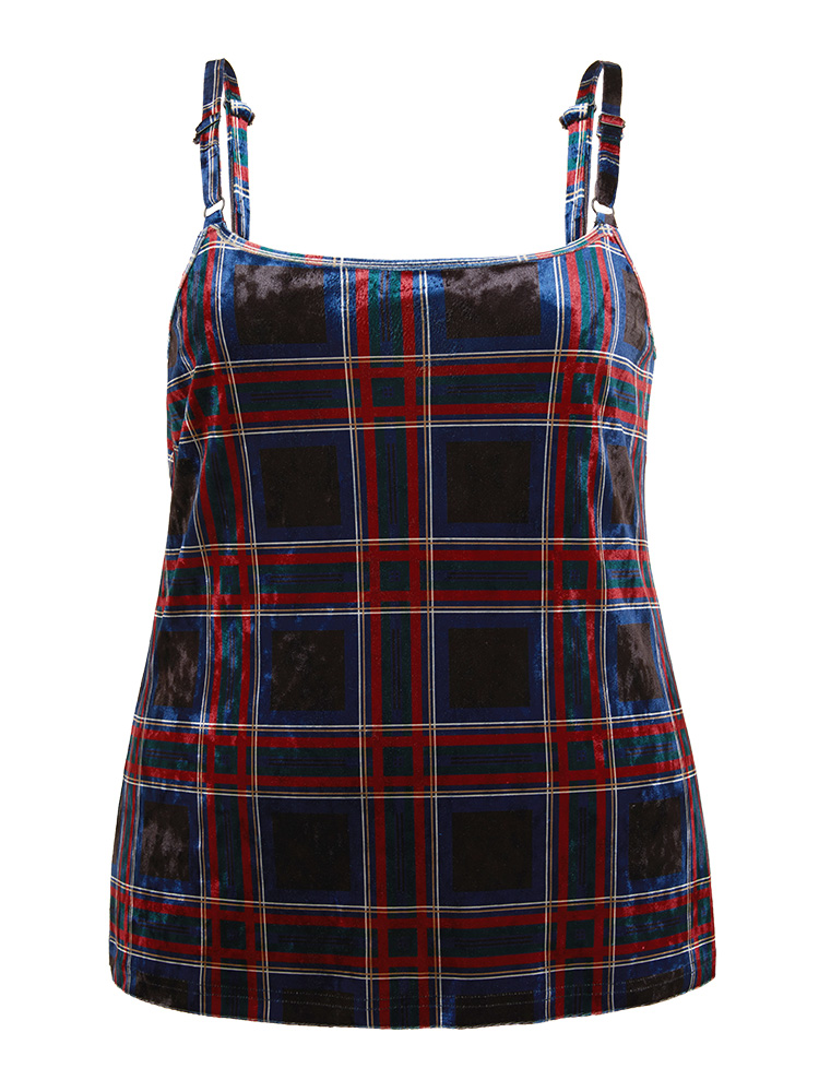 Plus Size Plaid Print Adjustable Straps Cami Top Women Multicolor Casual Adjustable Straps Spaghetti Strap Festival-Christmas Tank Tops Camis BloomChic 12/L 