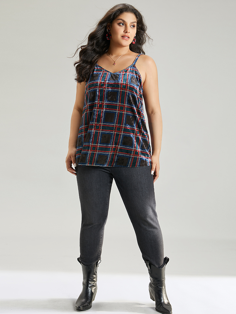 Plus Size Plaid Print Adjustable Straps Cami Top Women Multicolor Casual Adjustable Straps Spaghetti Strap Festival-Christmas Tank Tops Camis BloomChic 12/L 