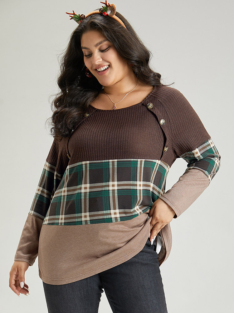 Plus Size Women Festival-Christmas Plaid Contrast Raglan sleeve Long Sleeve Round Neck Casual T-shirts BloomChic 