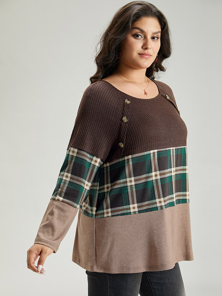 Plus Size Women Festival-Christmas Plaid Contrast Raglan sleeve Long Sleeve Round Neck Casual T-shirts BloomChic 