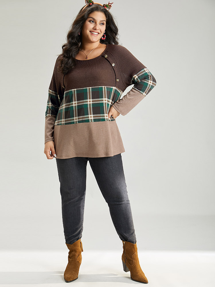 Plus Size Women Festival-Christmas Plaid Contrast Raglan sleeve Long Sleeve Round Neck Casual T-shirts BloomChic 