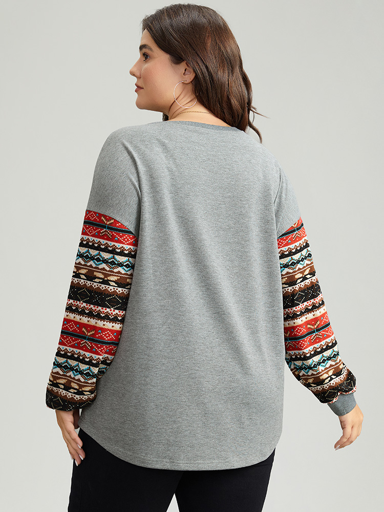 Plus Size Bandana Print Patchwork Patched Pocket Sweatshirt Women Gray Casual Elastic cuffs Round Neck Festival-Christmas Sweatshirts BloomChic 10/M 