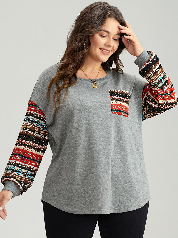 Plus Size Bandana Print Patchwork Patched Pocket Sweatshirt Women Gray Casual Elastic cuffs Round Neck Festival-Christmas Sweatshirts BloomChic 10/M 