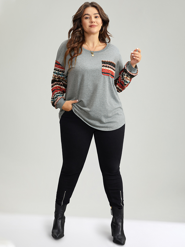 Plus Size Bandana Print Patchwork Patched Pocket Sweatshirt Women Gray Casual Elastic cuffs Round Neck Festival-Christmas Sweatshirts BloomChic 10/M 