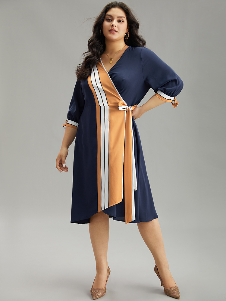 BloomChic Women's Plus Size Contrast Striped Patchwork Wrap Dress Midnight Dailywear Wrap / Overlap 12/L