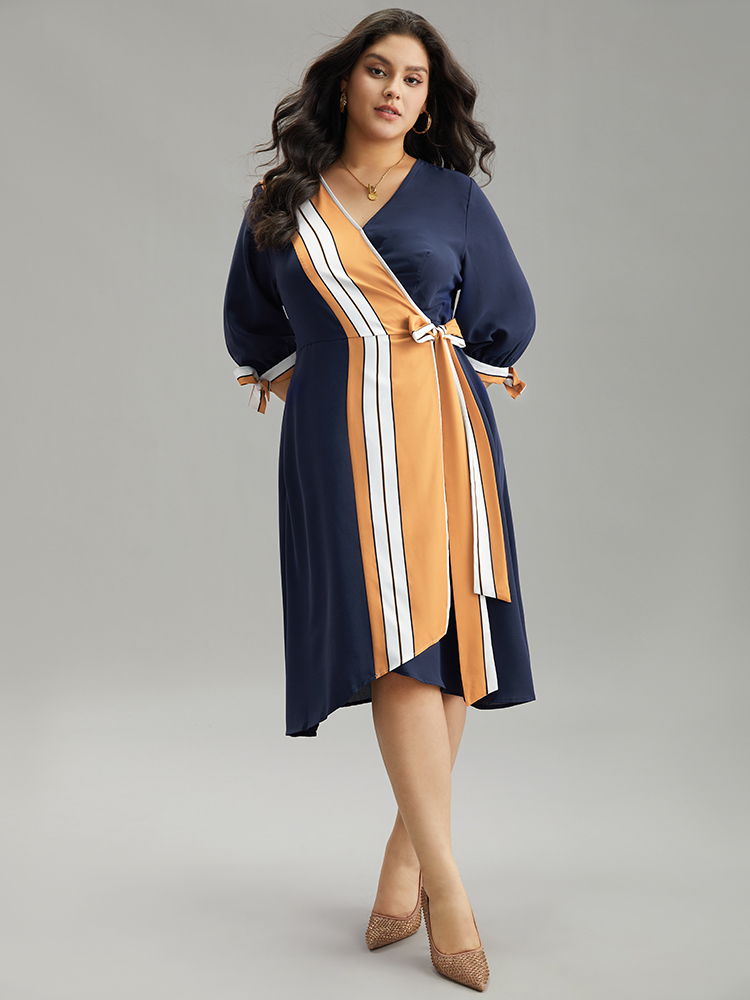 

Plus Size Contrast Striped Patchwork Wrap Dress Midnight Women Elegant Wrap V-neck Elbow-length sleeve Curvy Midi Dress BloomChic