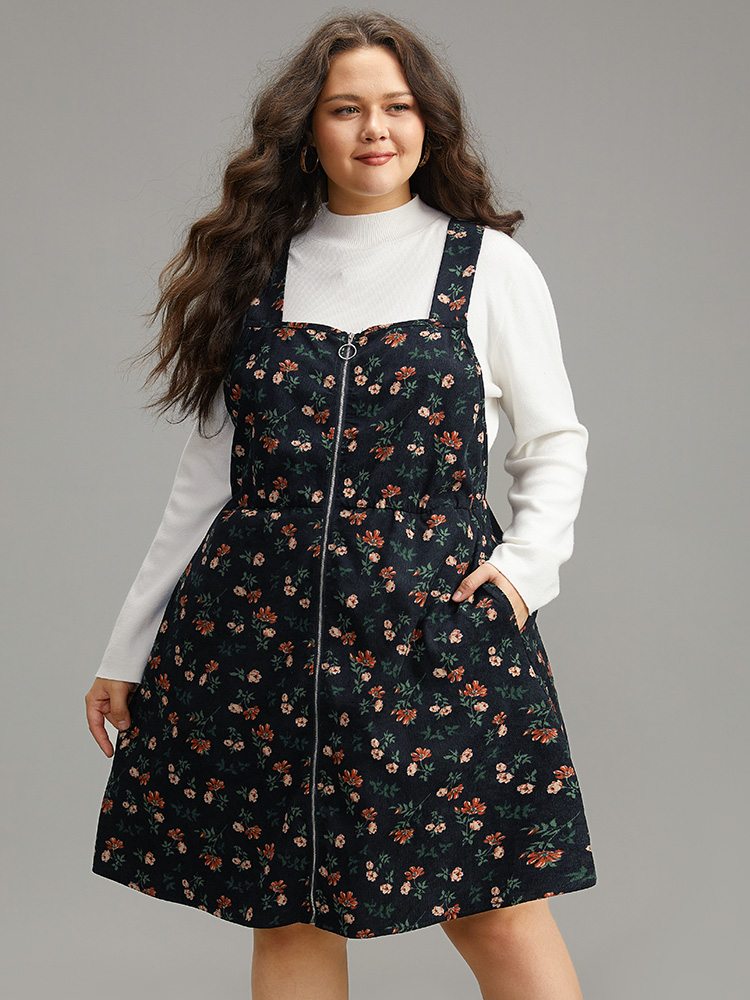 

Plus Size Ditsy Floral Corduroy Pocket Zipper Fly Cami Dress DarkBlue Women Casual Printed Square Neck Sleeveless Curvy Knee Dress BloomChic