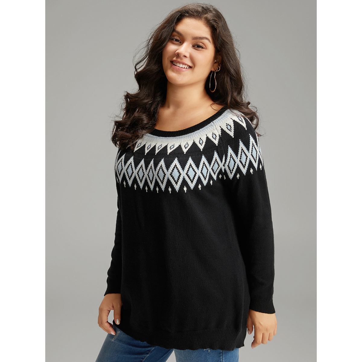 

Plus Size Supersoft Essentials Geo Contrast Raglan Sleeve Pullover Black Women Casual Loose Long Sleeve Round Neck Dailywear Pullovers BloomChic