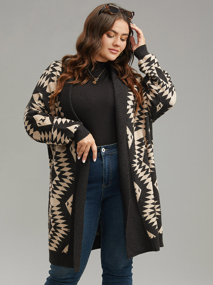 

Plus Size Anti-Pilling Supersoft Essentials Geo Lapel Collar Cardigan Black Women Casual Loose Long Sleeve Everyday Cardigans BloomChic