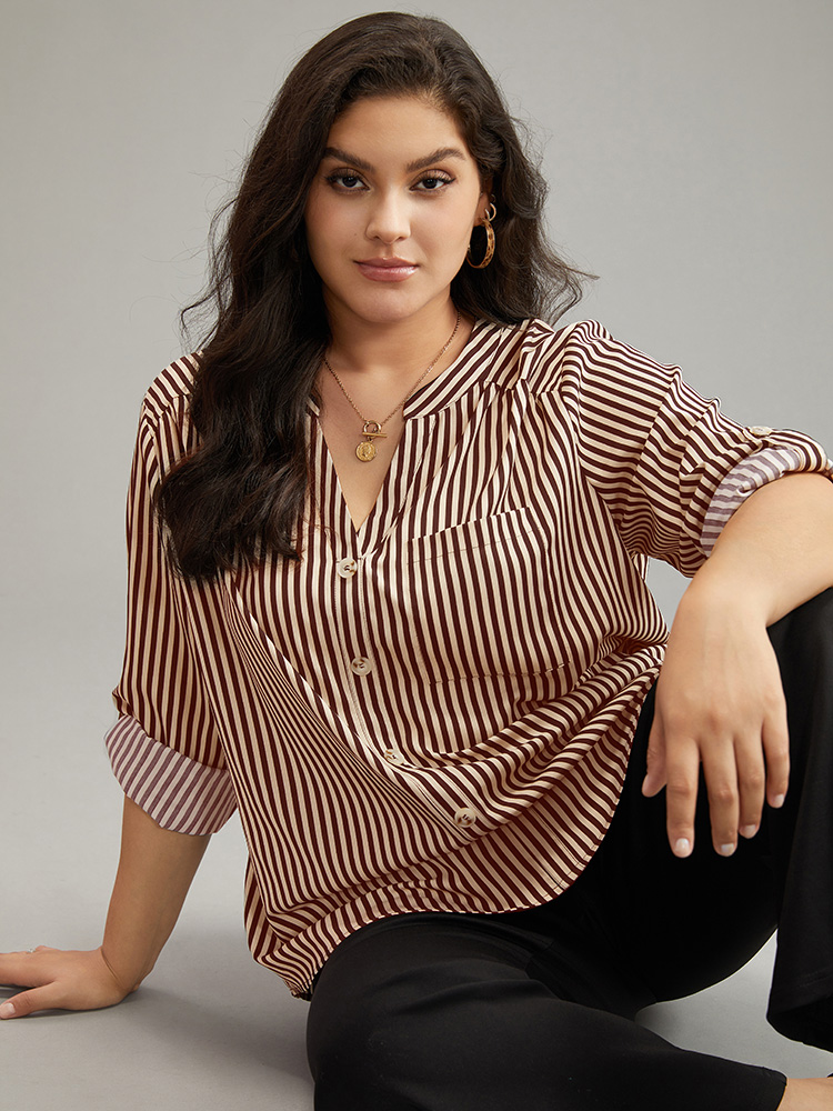 

Plus Size Brown Striped Notched Button Through Blouse Women Office Long Sleeve Shirt collar Work Blouses BloomChic