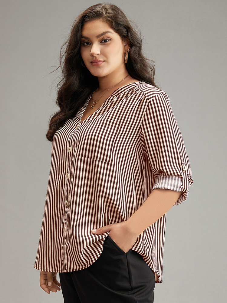 Plus Size Brown Striped Notched Button Through Blouse Women Office Long Sleeve Shirt collar Work Blouses BloomChic 28/5X 