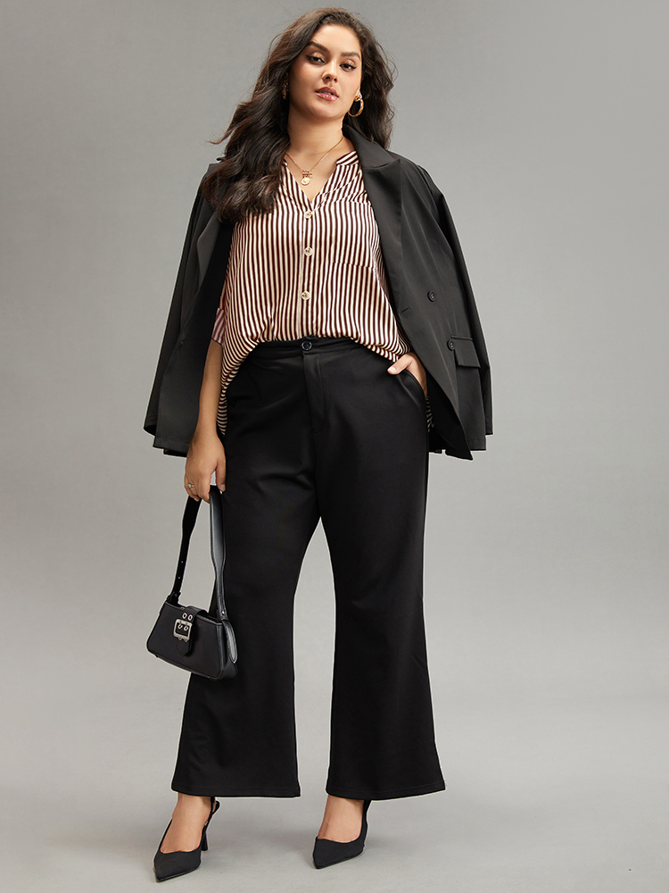 Plus Size Brown Striped Notched Button Through Blouse Women Office Long Sleeve Shirt collar Work Blouses BloomChic 28/5X 