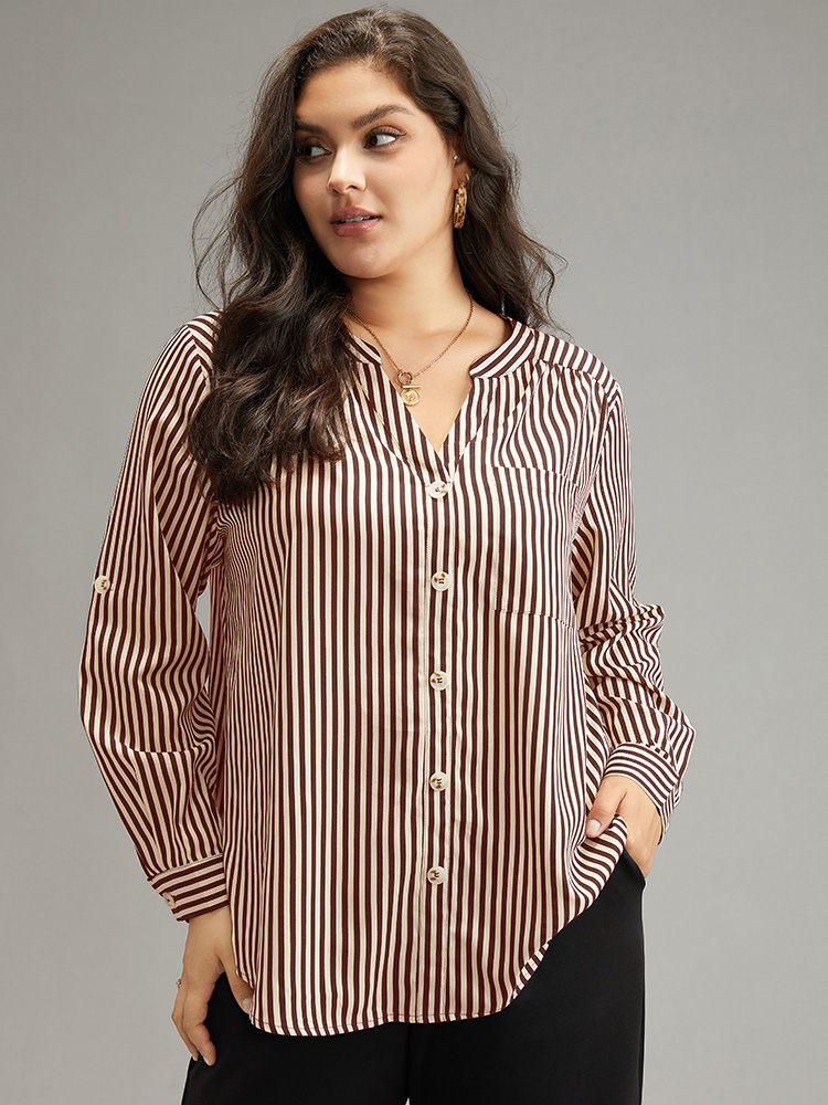 Plus Size Brown Striped Notched Button Through Blouse Women Office Long Sleeve Shirt collar Work Blouses BloomChic 28/5X 
