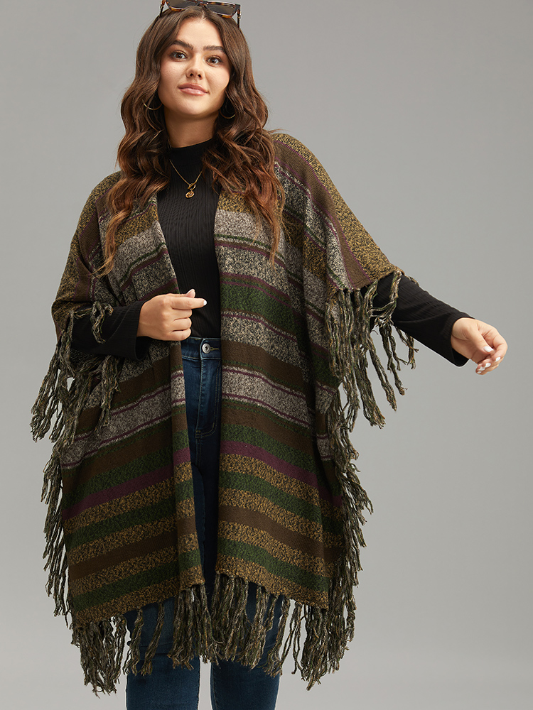 

Plus Size Contrast Striped Fringe Trim Drape Cardigan Multicolor Women Casual Loose Sleeveless Everyday Cardigans BloomChic