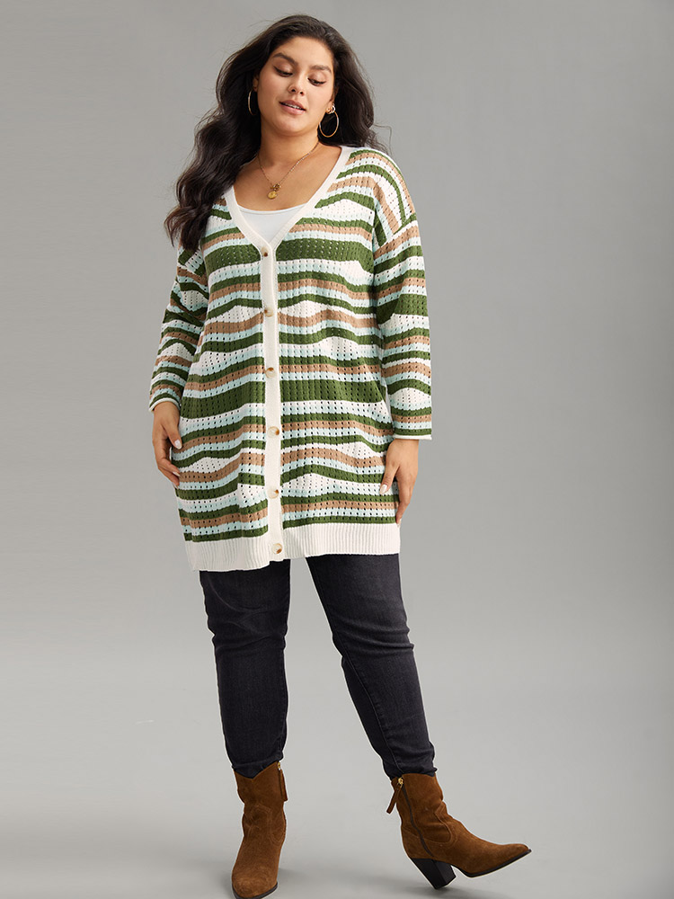 Plus Size Cardigans | Striped Contrast Button Up Hollow Out Cardigan | BloomChic 