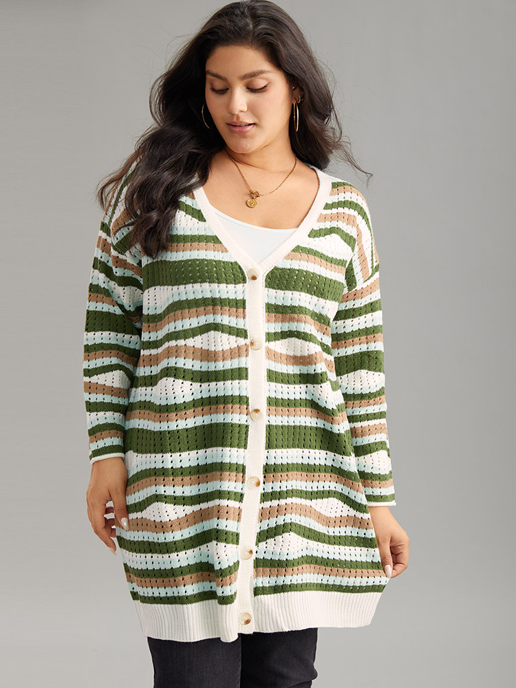 Plus Size Cardigans | Striped Contrast Button Up Hollow Out Cardigan | BloomChic 