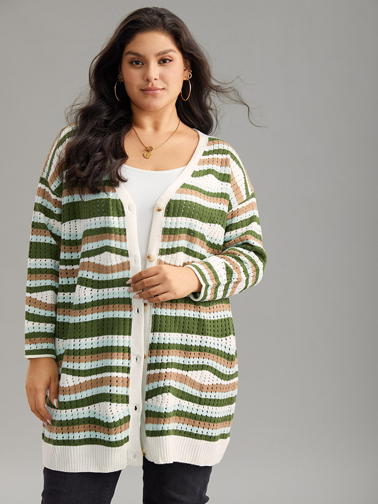 Plus Size Cardigans | Striped Contrast Button Up Hollow Out Cardigan | BloomChic 