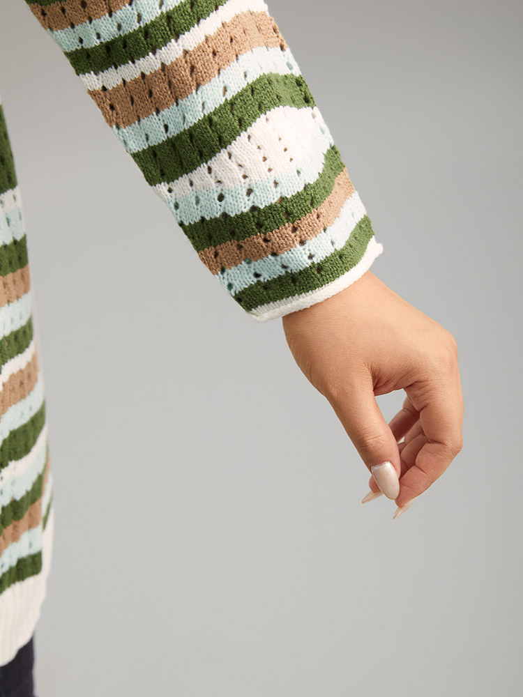 Plus Size Cardigans | Striped Contrast Button Up Hollow Out Cardigan | BloomChic 