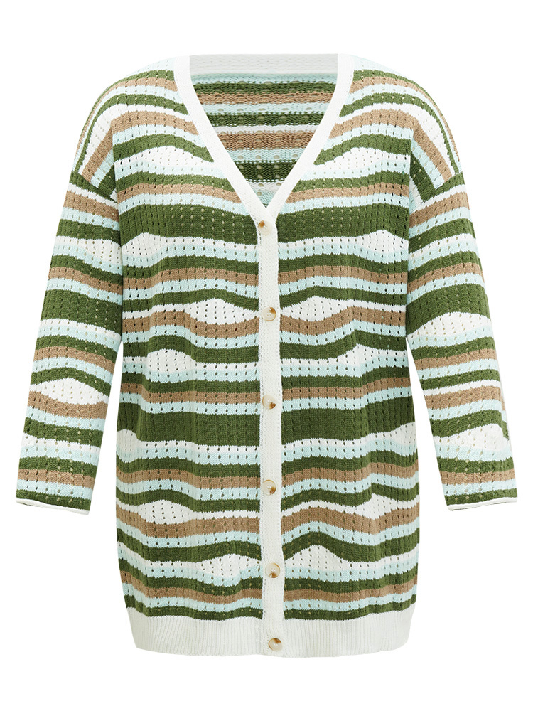 Plus Size Cardigans | Striped Contrast Button Up Hollow Out Cardigan | BloomChic 