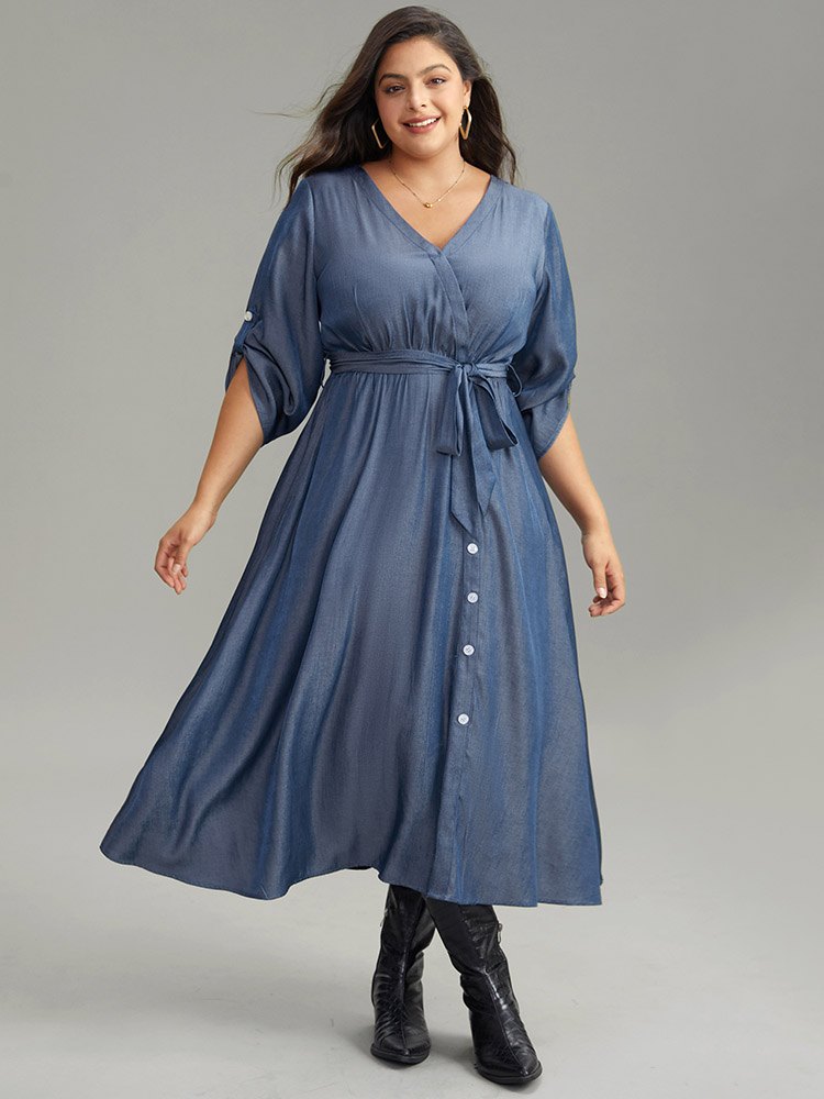 

Plus Size Plain Button Detail Wrap Belted Tab Sleeve Dress Indigo Women Casual Plain V-neck Long Sleeve Curvy Midi Dress BloomChic