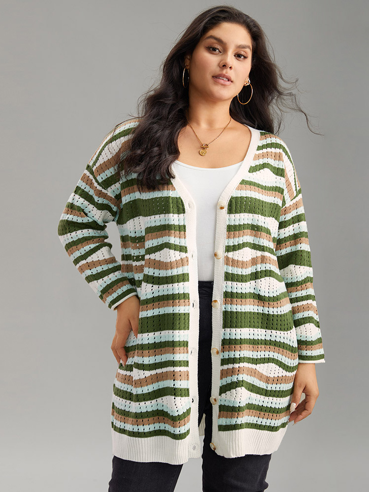 Plus Size Cardigans | Striped Contrast Button Up Hollow Out Cardigan | BloomChic 