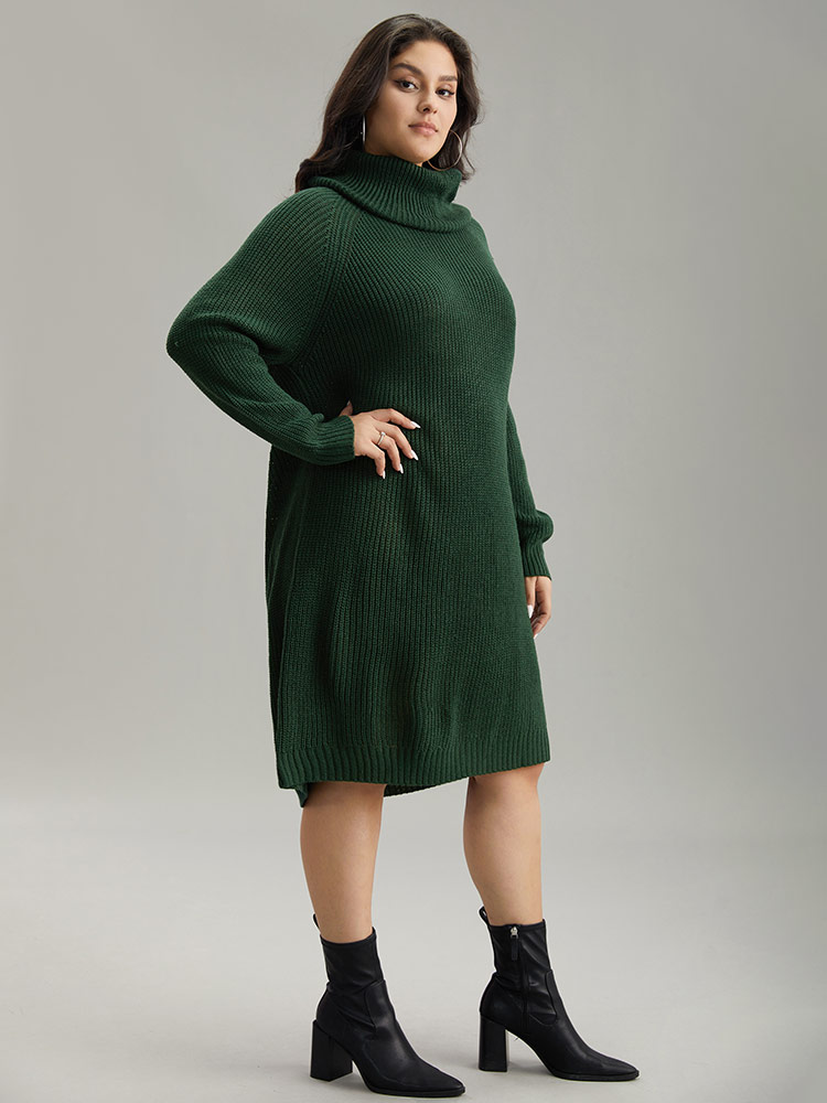 

Plus Size Solid Plisse Turtle Neck Knee Sweater Dress DarkGreen Women Casual Loose Long Sleeve Festival-Christmas Sweater Dresses BloomChic