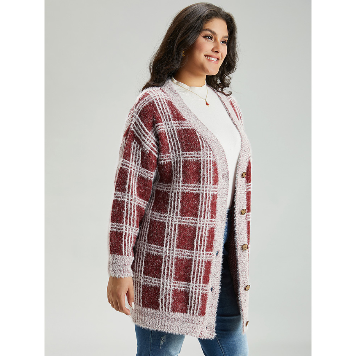 

Plus Size Plaid Fuzzy Heather Button Fly Tunic Cardigan Burgundy Women Casual Loose Long Sleeve Festival-Christmas Cardigans BloomChic