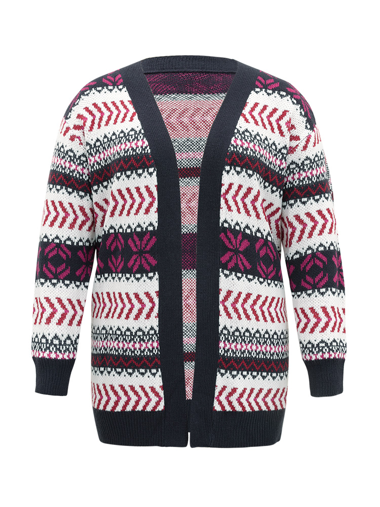 

Plus Size Geo Print Open Front Patchwork Cardigan Multicolor Women Casual Loose Long Sleeve Festival-Christmas Cardigans BloomChic