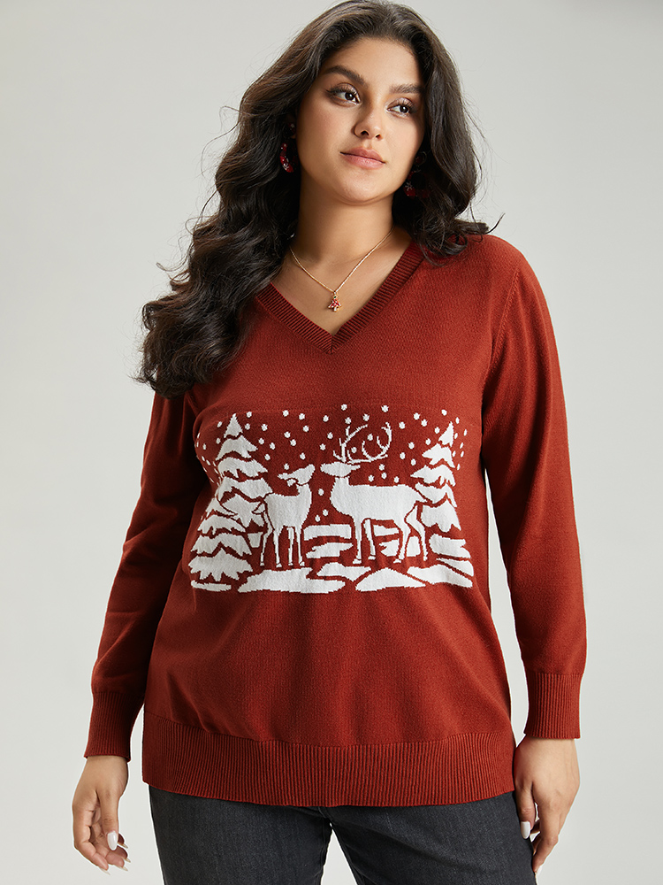 

Plus Size Anti-Pilling Christmas Trees & Elk Print Pullover Rust Women Casual Loose Long Sleeve V-neck Festival-Christmas Pullovers BloomChic