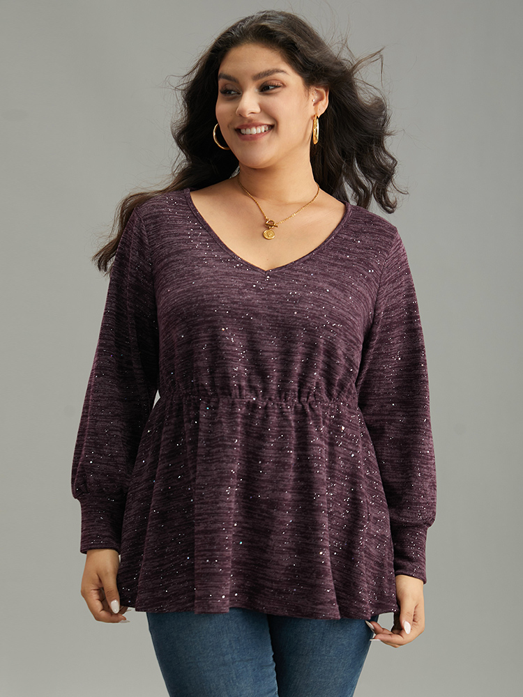 

Plus Size Heather Sequin Elastic Waist T-shirt Purple V-neck Long Sleeve Casual Jersey Tops