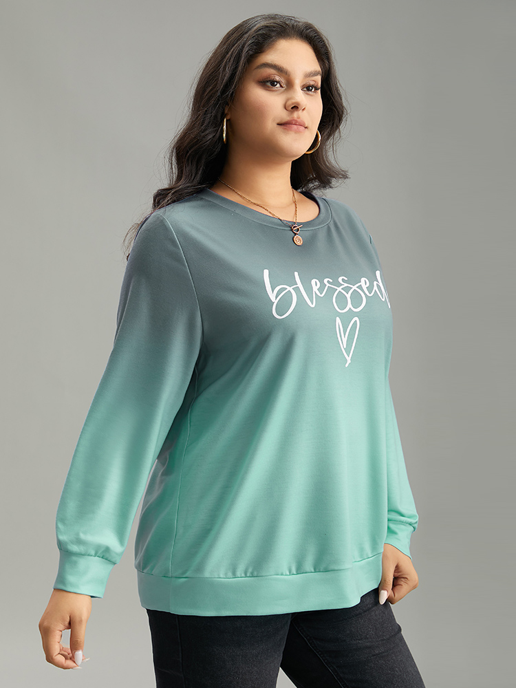 Plus Size Letter Print Ombre Crew Neck Sweatshirt Women Cyan Casual Printed Dailywear Sweatshirts BloomChic 12/L 