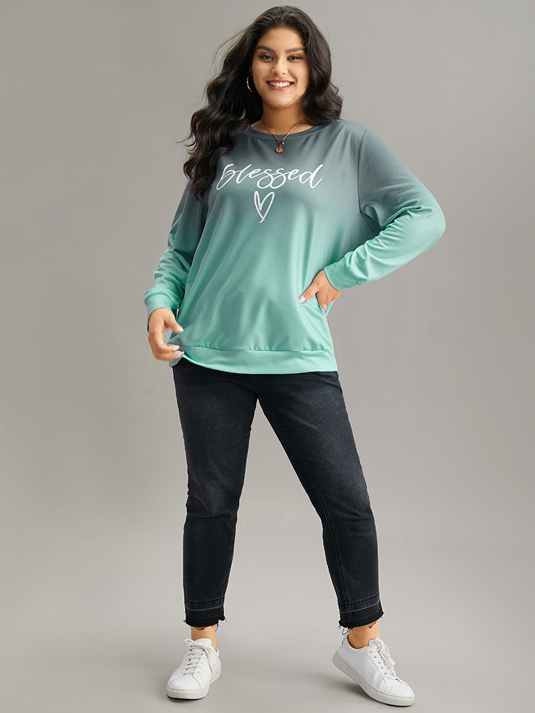 Plus Size Letter Print Ombre Crew Neck Sweatshirt Women Cyan Casual Printed Dailywear Sweatshirts BloomChic 12/L 