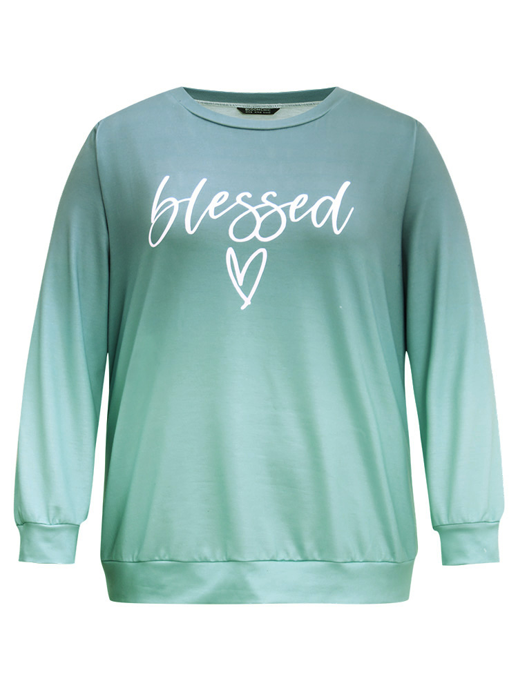 Plus Size Letter Print Ombre Crew Neck Sweatshirt Women Cyan Casual Printed Dailywear Sweatshirts BloomChic 12/L 