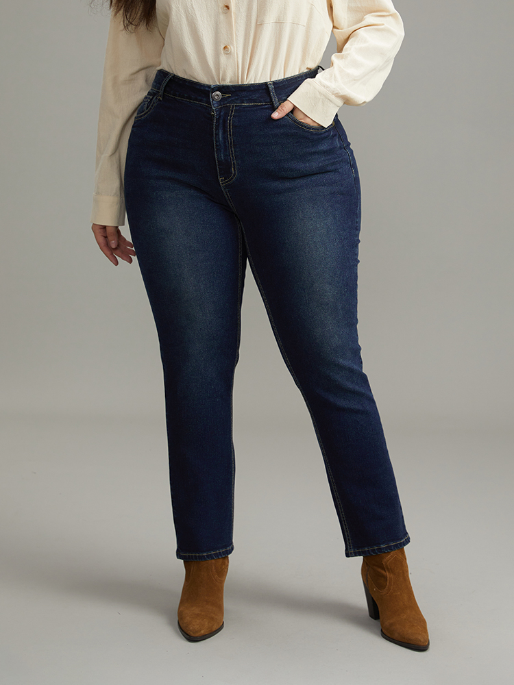 

Plus Size Dark Wash Straight Leg High Rise Jeans Women Navy Casual Plain Plain High stretch Pocket Jeans BloomChic