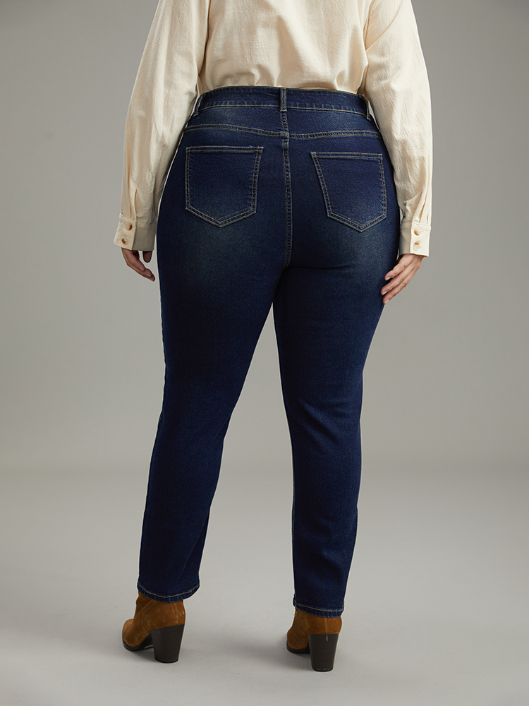 Plus Size Dark Wash Straight Leg High Rise Jeans Women Navy Casual Plain Plain High stretch Pocket Jeans BloomChic 10/M 