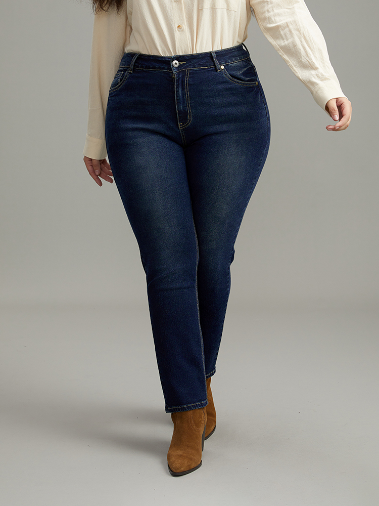 Plus Size Dark Wash Straight Leg High Rise Jeans Women Navy Casual Plain Plain High stretch Pocket Jeans BloomChic 10/M 