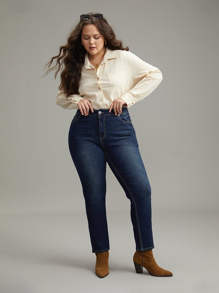 Plus Size Dark Wash Straight Leg High Rise Jeans Women Navy Casual Plain Plain High stretch Pocket Jeans BloomChic 10/M 