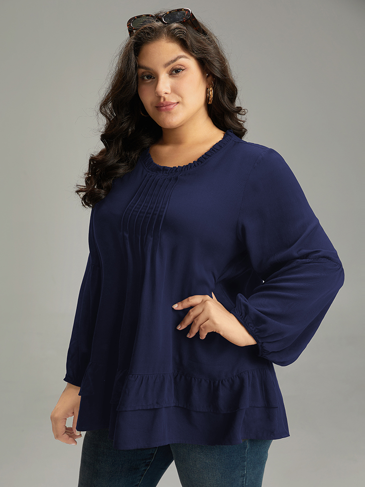 

Plus Size Indigo Seam Detail Frill Trim Layered Blouse Women Elegant Long Sleeve Round Neck Dailywear Blouses BloomChic