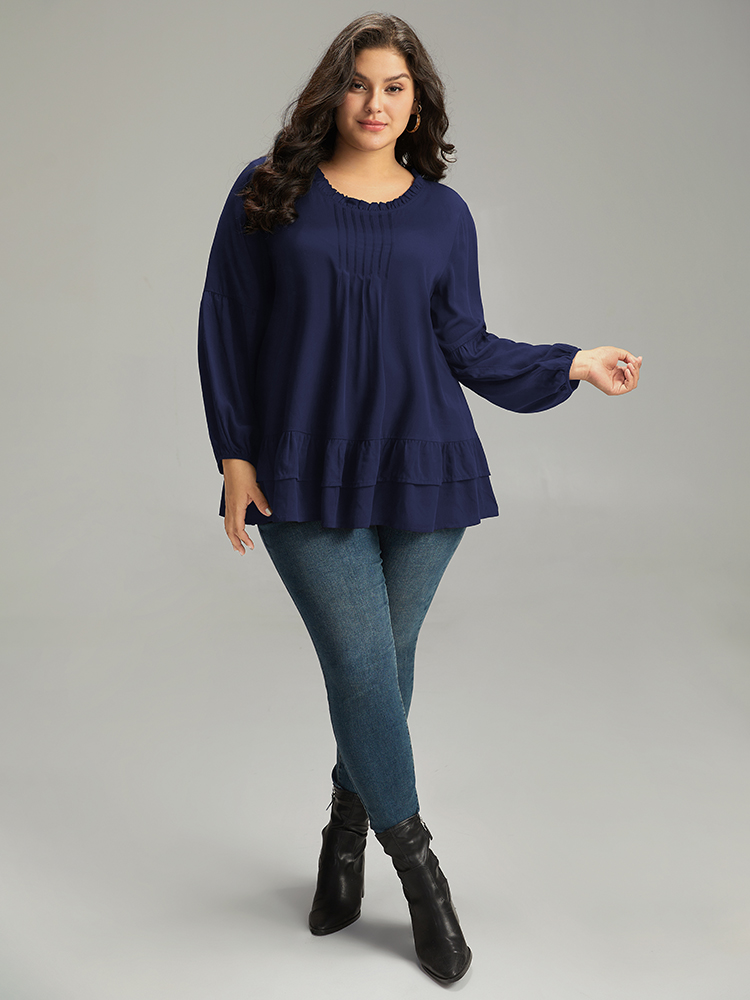 Plus Size Indigo Seam Detail Frill Trim Layered Blouse Women Elegant Long Sleeve Round Neck Dailywear Blouses BloomChic 22-24/3X 