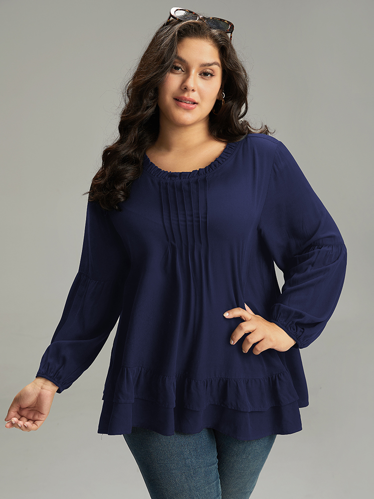 Plus Size Indigo Seam Detail Frill Trim Layered Blouse Women Elegant Long Sleeve Round Neck Dailywear Blouses BloomChic 22-24/3X 